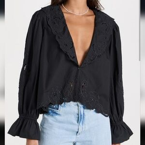 Free People Maisie Embroidered Cutout Eyelet Ruffle Poplin Top, Black Small, NWT